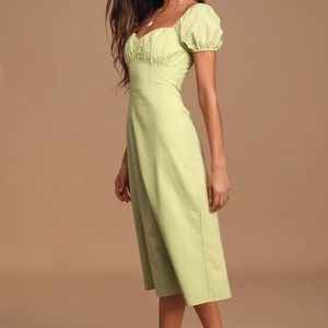 Dream of love shame green puff sleeve smocked midi dress